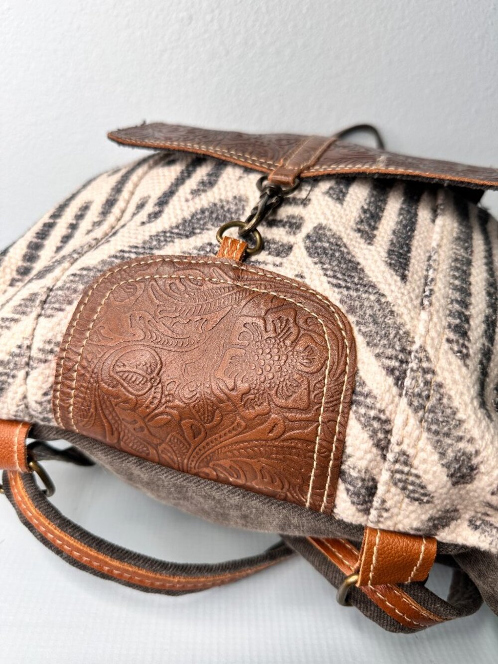Myra Bag Tooled Leather Canvas Backpack Brown White Gray Embossed Floral - Picture 3 of 11